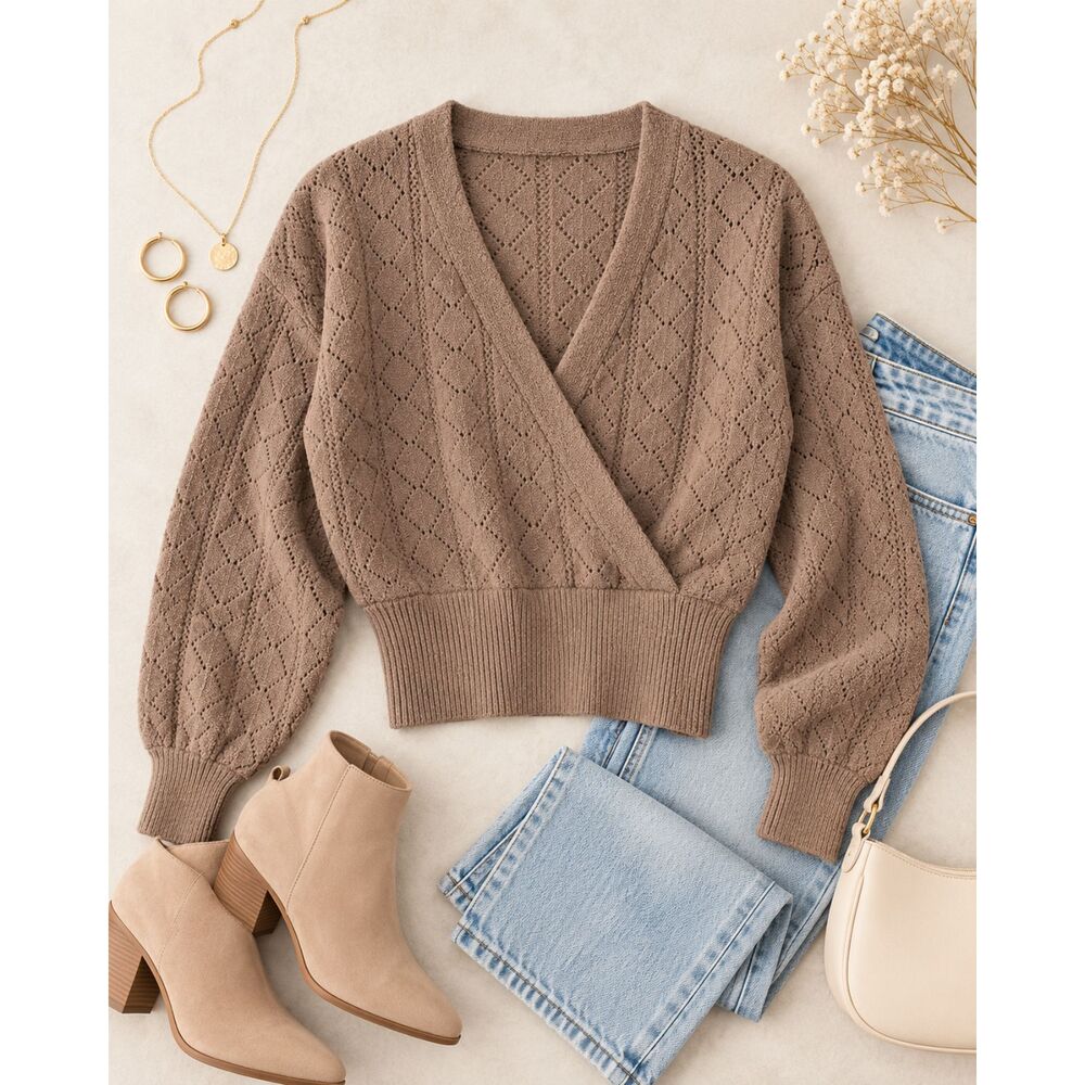 Pink Rose Size S Taupe Brown Faux Wrap Pointelle Knit Sweater V Neck